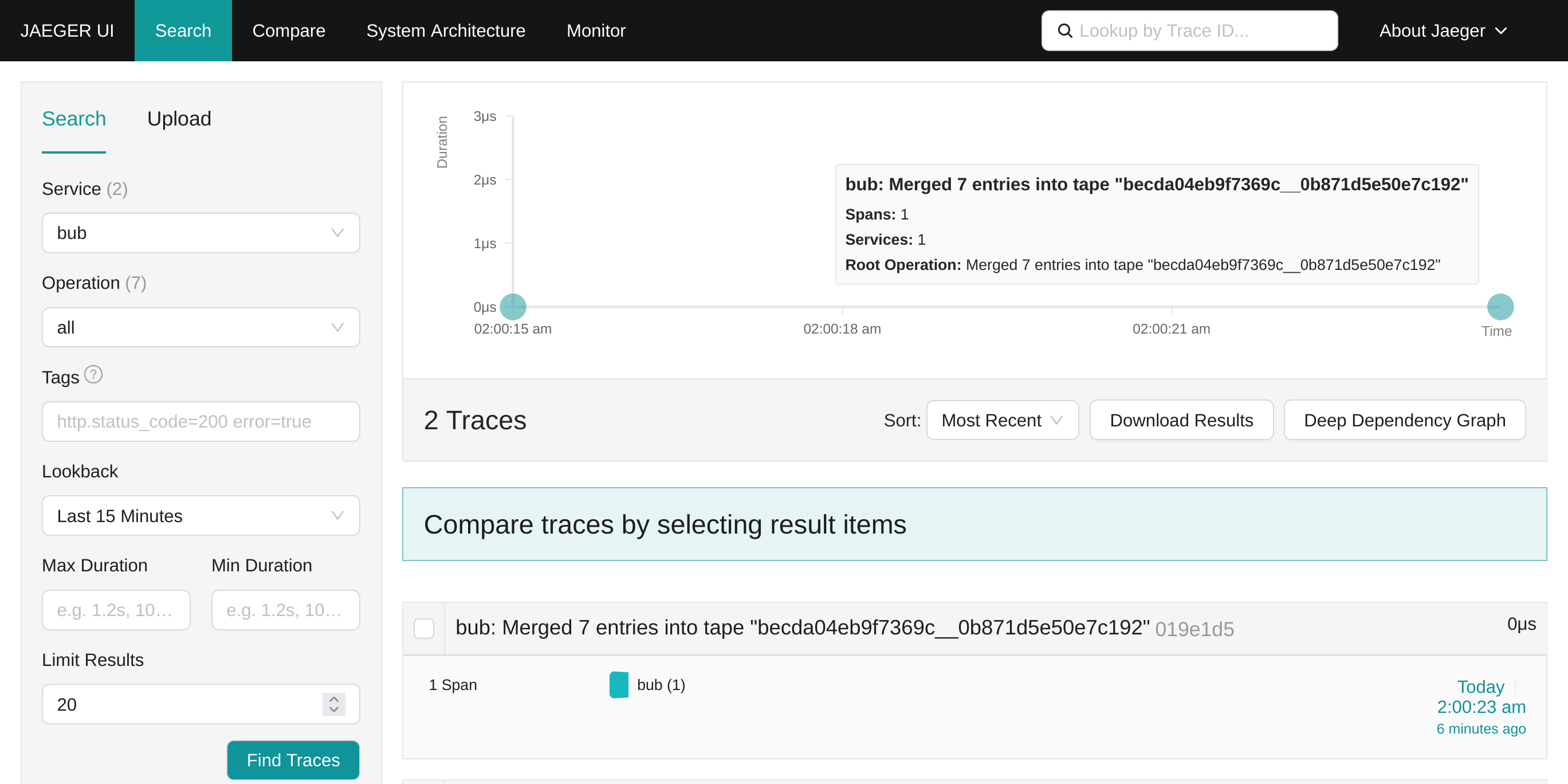 展示 Bub telemetry 通过 Logfire 与 OTLP 导出到 Jaeger 的截图